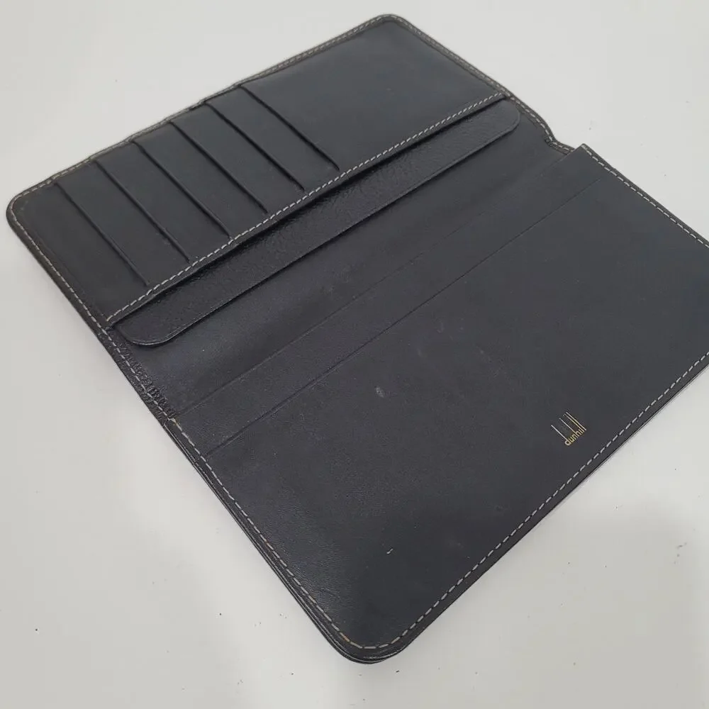 Dunhill Designer Card Bill Holder Wallet Black Bifold Pebble Leather Stitch Long